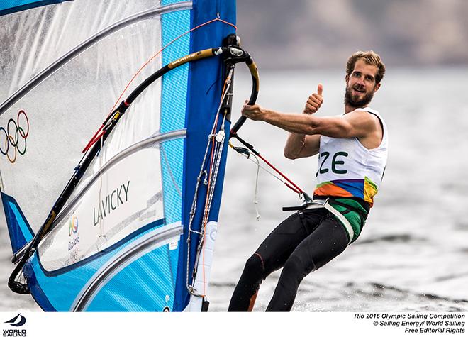 Thumbs up from the RSX fleet in the big breeze - 2016 Rio Olympic and Paralympic Games  ©  Sailing Energy